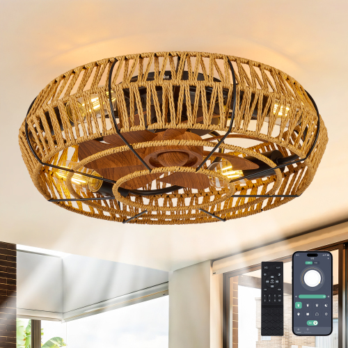19-Inch Black Iron Caged Flush Mount Ceiling Fan with Light
