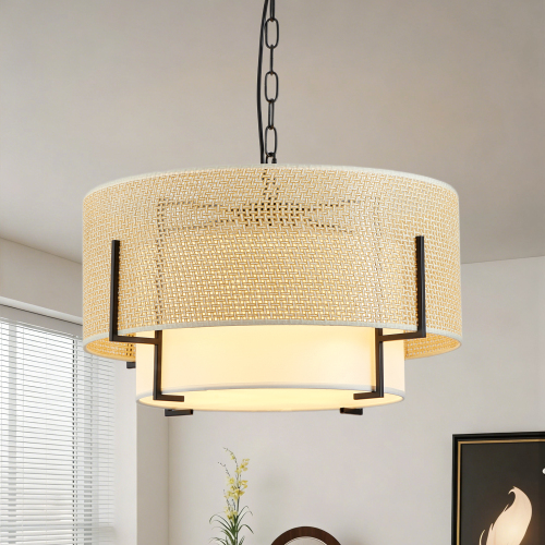 19.7-Inch Gold Iron 4-Light Woven Rattan Drum Chandelier Pendant Light