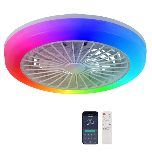 18-Inch White Iron Low-Profile Ceiling Fan with Dimmable RGB Light