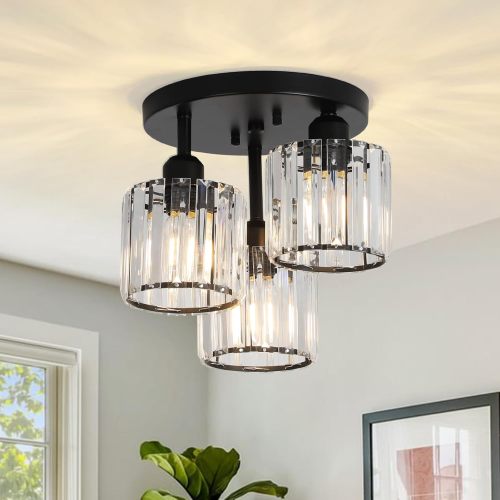 13-Inch Black Crystal 3-Light Semi-Flush Mount Ceiling Light