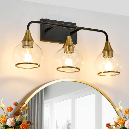 23-Inch Black and Gold 3-Light Iron Vanity Sconce with Glass Shades