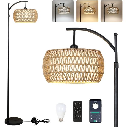 Brown & Black Rattan Metal Arc Floor Lamp with Remote Control