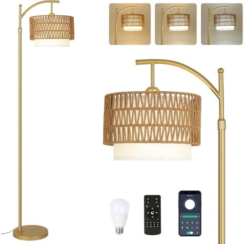 Brown & Gold Rattan Metal Arc Floor Lamp, 15.75 x 12.99 x 7.09 In.