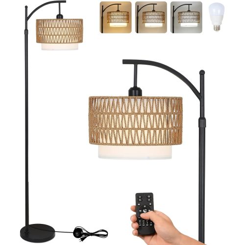 Brown and Black Rattan & Metal Arc Floor Lamp with Remote