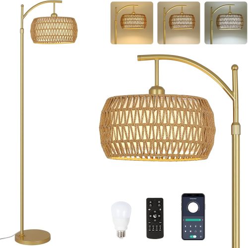 Brown & Gold Rattan Metal Arc Floor Lamp with 3 Color Temperatures