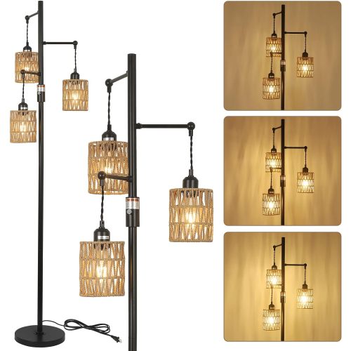 Brown and Black Rattan and Metal Floor Lamp, 16.93 x 11.02 x 7.09 In.