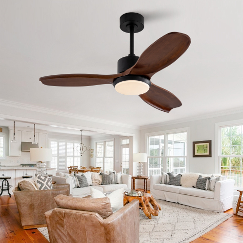 42" Wood Ceiling Fan with Lights Remote Control,Quiet DC Motor 3 Blade Ceiling Fans for Patio Living Room, Bedroom, Office,Indoor Outdoor(Black+Dark Walnut) - Black + Dark Walnut - Solid Wood