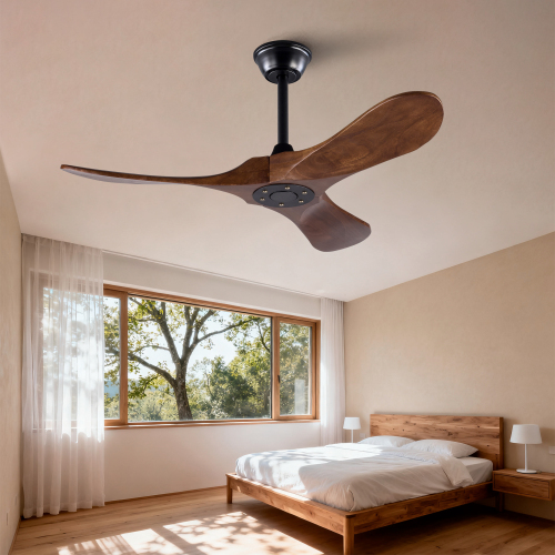 42" Solid Wood Ceiling Fan, Outdoor, 3 Blade, No Light, Walnut, for Patio Living Room Bedroom Porch, Remote Control, Water Resistant - Black + Dark Walnut - Dark Walnut - Not Specified - Not Specified