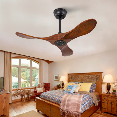 36" Solid Wood Ceiling Fan, Outdoor, 3 Blade, No Light, Walnut, for Patio Living Room Bedroom Porch, Remote Control, Water Resistant - Black + Dark Walnut - Dark Walnut - Not Specified - Not Specified