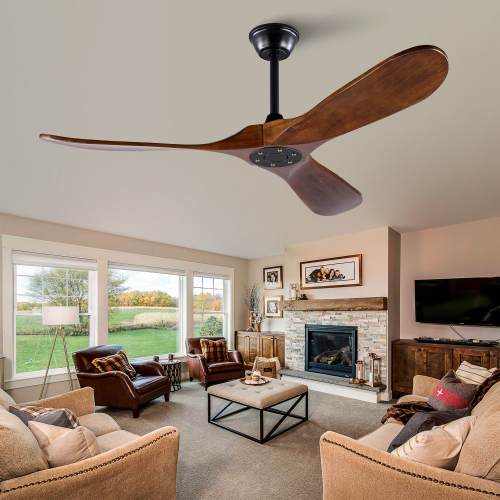 52" Ceiling Fan with Remote Control No Lights,Modern Reversible DC Motor Indoor Outdoor 3 Blades Ceiling Fans for Patio Bedroom Living Room(Black+Dark Walnut - Solid Wood - Solid Wood - Not Specified - Not Specified