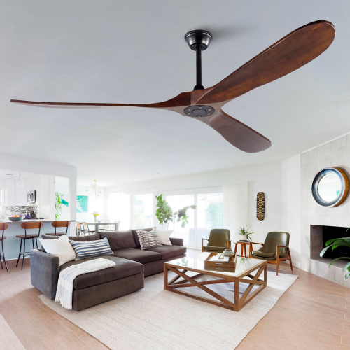 72-inch Solid Wood Outdoor Ceiling Fan, Three-Blade, Lightless, Walnut Finish, Suitable for Patios, Living Rooms, Bedrooms, and Porches, Includes Remote Control - Black + Dark Walnut - Dark Walnut - Not Specified