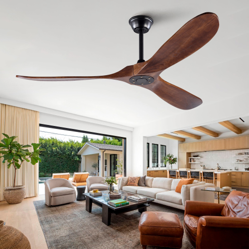60" Solid Wood Ceiling Fan, Outdoor, 3 Blade, No Light, Walnut, for Patio Living Room Bedroom Porch, Remote Control, Water Resistant - Black + Dark Walnut - Dark Walnut - Not Specified - Not Specified