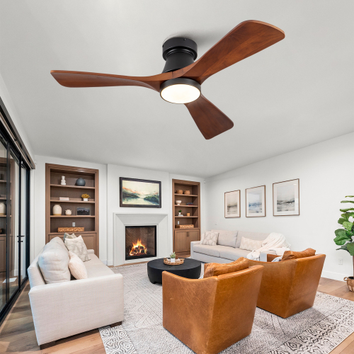 42 Inch Black Flush Mount Ceiling Fan with Light: Dimmable LED (3 Colors), Indoor/Outdoor Reversible DC Motor, 3 Solid Wood Blades for Bedroom, Patio. - Black + Dark Walnut - Dark Walnut - 42-Inch