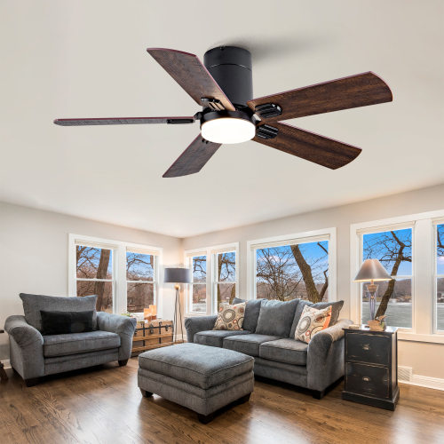 42-inch Low-Profile Ceiling Fans with Light and Remote, Dimmable LED, Quiet Reversible DC Motor, for Bedroom Indoor Outdoor Use (Black) - Black + Dark Walnut - Solid Wood