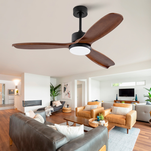 52" Wood Ceiling Fan with Lights Remote Control,Quiet DC Motor 3 Blade Ceiling Fans for Patio Living Room, Bedroom, Office,Indoor Outdoor(Black+Dark Walnut) - Black + Dark Walnut - Solid Wood