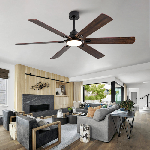 Smart 60" Indoor/Outdoor Ceiling Fan with Light, Dual Finish Black/Walnut 6-Blade, Remote Control, Dimmable LED, 6-Speed Quiet DC Motor, Reversible - Black + Dark Walnut - Solid Wood