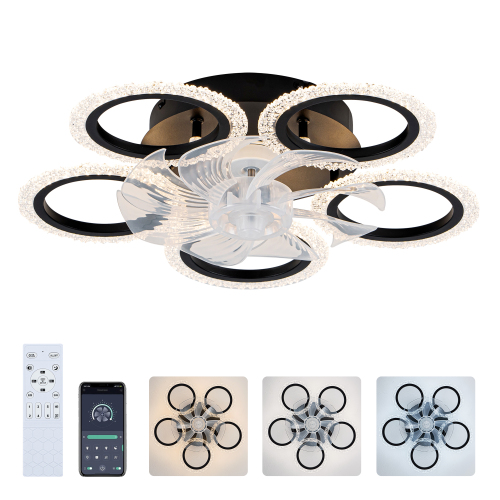 20'' Modern Ceiling Fan with Lights Remote Control.Black, 6 Speeds 3-Light Color Low Profile Flush Mount Ceiling Fan for Kitchen Bedroom - Matte Black - Metal - American Traditional,Industrial,Modern