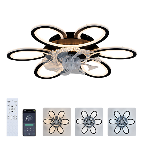 8 PCS Blades Ceiling Fan with Lights Remote Control.APP, 25" Black, 6 Speeds 3-Light Color Low Profile Flush Mount Ceiling Fan for Kitchen Bedroom - Matte Black - Metal - American Traditional,Industrial,Modern
