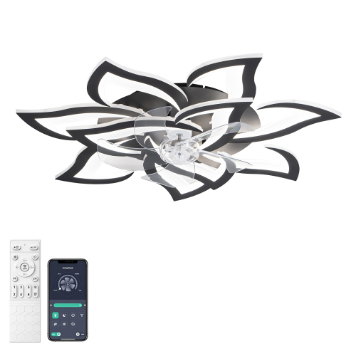 Modern Ceiling Fan with Lights Remote Control, 5 PCS Blades ,32" Black Ceiling Fan with Light, 6 Speeds 3-Light Color Low Profile Flush Mount Ceiling Fan for Kitchen Bedroom - Matte Black - ABS,Metal - ABS - American Traditional,Industrial,Modern