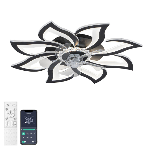 5 PCS Blades Modern Ceiling Fan with Lights Remote Control, 32" Black Ceiling Fan with Light, 6 Speeds 3-Light Color Low Profile Flush Mount Ceiling Fan for Kitchen Bedroom - Matte Black - ABS,Metal - ABS - American Traditional,Industrial,Minimalist,Modern