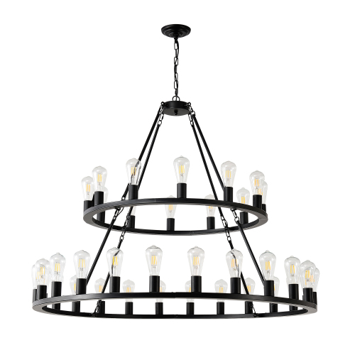 52-Inch Matte Black Metal 36-Light Two-Tier Wagon Wheel Chandelier