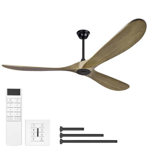 72" Large Size Solid Wood Ceiling Fan without Lights with Remote Control and Wall Switch, Indoor Outdoor Ceiling Fan no Light for Patio,Indoor,Living Room,Bedroom,Farmhouse--Ash Brown - Metal & Wood - Iron - American Design,American Traditional
