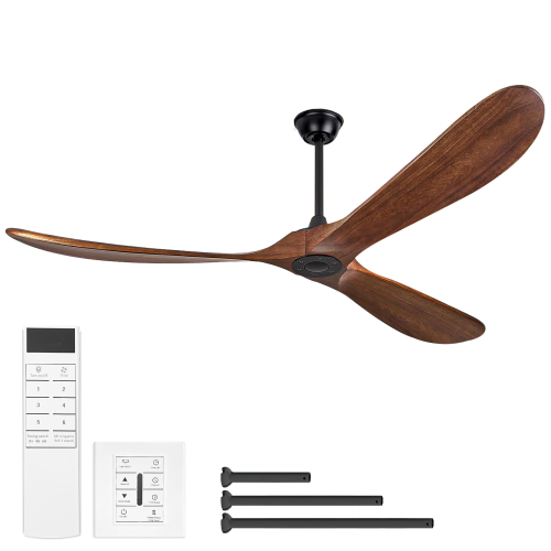 72 Inch Solid Wood Ceiling Fan without Light With Wall Switch and Remote Control,6 Speed,3 Blades Walnut Outdoor Ceiling Fans for Patio,Indoor,Living Room,Bedroom,Porch,Farmhouse - Matte Black+Natural,Wood - Metal & Wood - Iron - American Design,American Traditional - 72-Inch