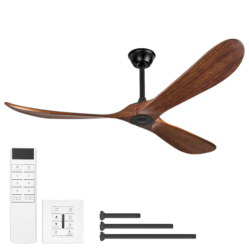 60 Inch Solid Wood Ceiling Fan without Light With Wall Switch and Remote Control,6 Speed,3 Blades Walnut Outdoor Ceiling Fans for Patio,Indoor,Living Room,Bedroom,Porch,Farmhouse - Matte Black+Natural,Wood - Metal & Wood - Iron - 60-Inch