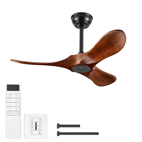 36 Inch Small Wood Ceiling Fan without Light With Wall Switch and Remote Control,6 Speed,3 Blades Walnut Outdoor Ceiling Fans for Patio,Indoor,Living Room,Bedroom,Porch,Farmhouse - Matte Black+Natural,Wood - Metal & Wood - Iron - American Traditional - 36-Inch