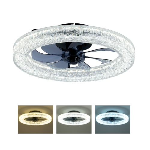 19.7-Inch Matte Black Acrylic Ice Brick LED Flush Mount Fan Light