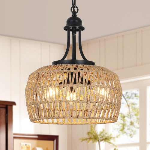 13-Inch Brown & Black 3-Light Rattan and Metal Chandelier