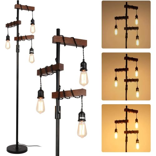 68-Inch 3-Light Wood & Metal Floor Lamp, Natural Wood and Caramel