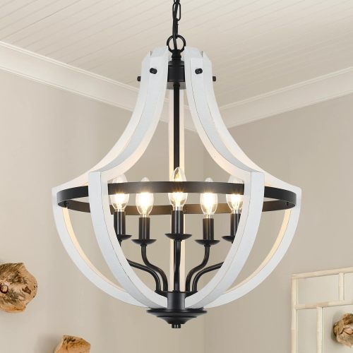 19.2-Inch White Wood and Metal 5-Light Chandelier, 20-Inch High