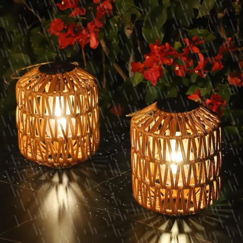2-Pack Brown Plastic Rattan-Style Solar Lanterns, 6.3 x 7.6 in.