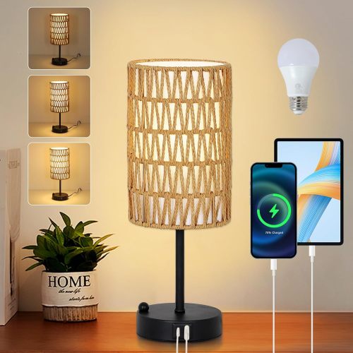 Brown 15-Inch Rattan and Metal Touch Table Lamp with USB Port
