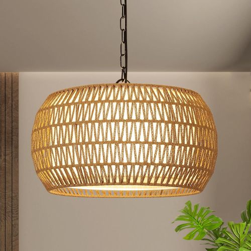 18.9-Inch Brown Rattan and Metal Boho Farmhouse Chandelier Light