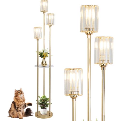 66.1-Inch Gold Glass and Metal Floor Lamp with Shelves and Table