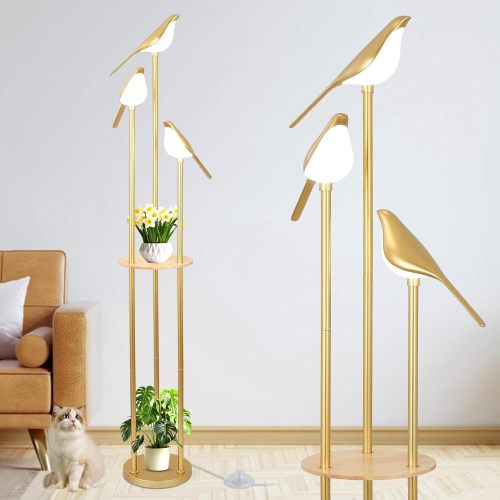 65-Inch Gold Metal Floor Lamp with Shelves and 3 LED Bird Lights