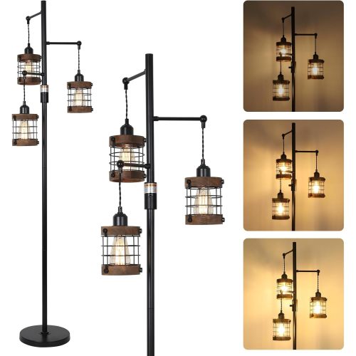 65-Inch 3-Light Farmhouse Wood & Metal Floor Lamp, Black Brown