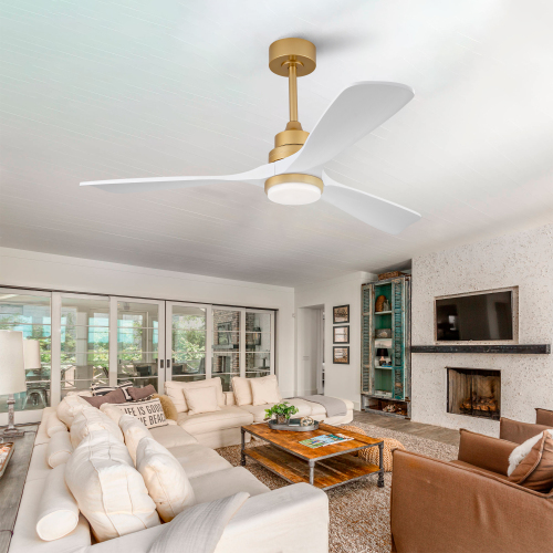 Hot sales 52 Inch Indoor Ceiling Fan With Dimmable LED Light 3 Solid Wood Blades Remote Control Reversible DC Motor - Gold+White - White - 52-Inch
