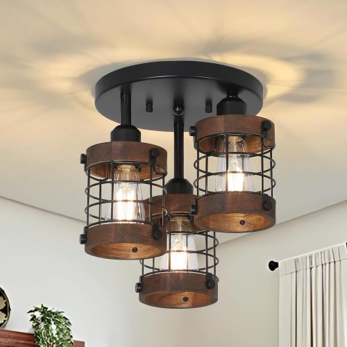 Black Brown Metal 3-Light Farmhouse Semi-Flush Ceiling Fixture