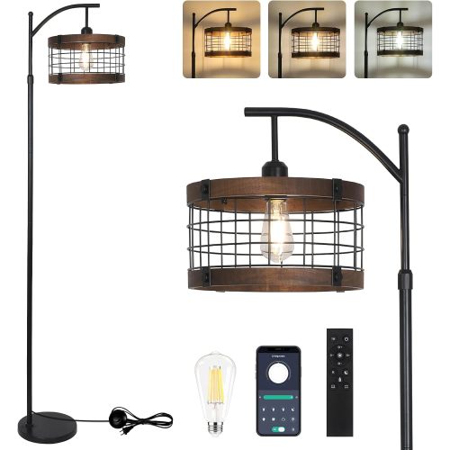 65-Inch Black Brown Metal & Wood Arc Floor Lamp with Dimmable LED and Remote