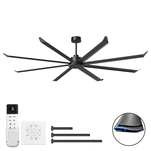 100 INCH Large Size Industrial PM DC Motor Ceiling Fan with 8 PCS Aluminum Blades ,6-Speed Remote Control, Adjust Height ( 3 Down rods) Commercial Ceiling Fan Without Light For Porch/Garage/Shop-BLACK - Aluminium,Metal - Aluminium - 100-Inch