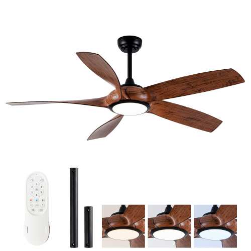 56 Inch 5 PCS ABS Blades Ceiling Fan With Light Kit 3 Color LED Light Source, DC 6 Speed ,Remote Control Ceiling Fan for Patio Living Room, Bedroom, Office,Indoor.(( Matte Black + Wood color) - Matte Black,Wood - ABS,Metal - American Traditional,Industrial,Modern - 56-Inch