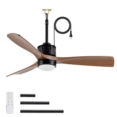 42" ABS Blades Outdoor Ceiling Fan with LED Light Remote Control,Quiet DC Motor 6 Speed Levels,Adjust Height( 3 PCS Rod) Reversible Ceiling Fan, for Outdoor Use .(Matte Black+Wood) - Matte Black,Wood - Iron - American Design