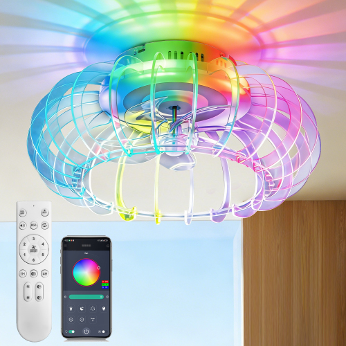 21'' Low Profile Bladeless Ceiling Fan with Lights Dimmable LED Enclosed Ceiling Fans with Light and Remote 6 Wind Speeds Reversible Ceiling Fan with Bluetooth Speaker for Kids Room Bedroom Party - White - Acrylic,PC - American Design,Contemporary,Modern