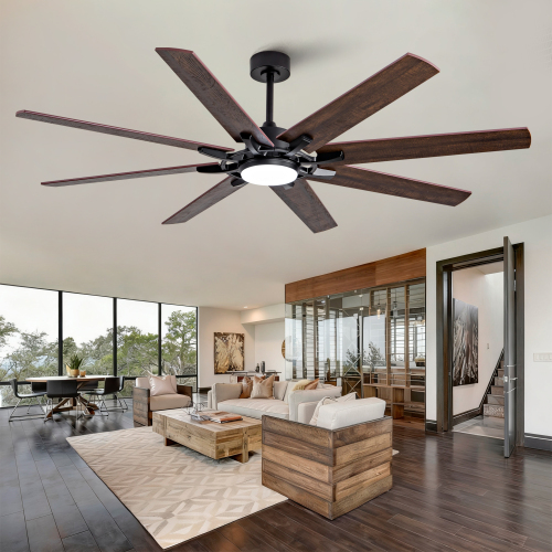 72-Inch Dark Walnut Solid Wood 8-Blade Ceiling Fan with Light