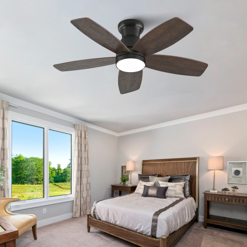 32-inch Low-Profile Ceiling Fan with Light and Remote Control, Dimmable Quiet DC Motor, for Bedroom Indoor Outdoor Use, Black - Black + Dark Walnut - Solid Wood