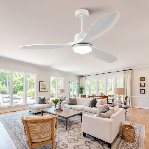Best-selling 52-inch modern white ceiling fan with light, featuring 3 ABS plastic blades, remote control operation, reversible DC motor, and dimmable LED lighting. - White Marble