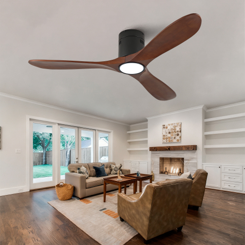 52-inch recessed ceiling fan with light, remote control, solid wood blades, dimmable, reversible, quiet operation, power-off memory function, low-profile design. Suitable for bedrooms, patios, indoor/ - Black